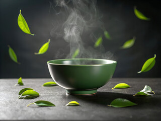 A steaming bowl of green tea surrounded by floating and scattered fresh green tea leaves on a dark surface