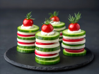 Four stacked cucumber appetizers with cherry tomatoes and herbs on a dark slate platter