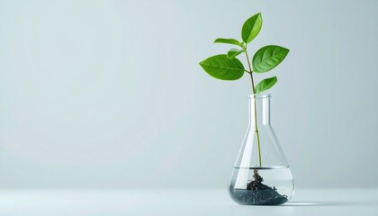 Minimalist design with a lab flask growing a tree symbolizing sustainable progress