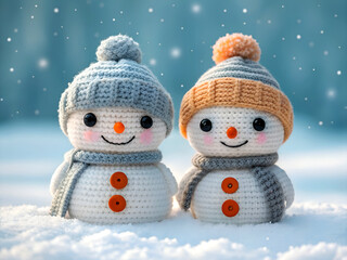 Two adorable handmade snowmen wearing cozy knitted hats and scarves in a winter wonderland