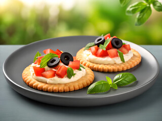 Delicious appetiser with crackers topped with creamy spread diced tomatoes olives and fresh basil leaves
