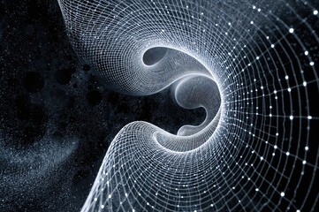 Twisting wireframe corridor with spiral patterns in white on a dark background