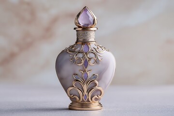An elegant perfume bottle with decorative elements, highlighted against a soft, neutral background, evoking luxury and sophistication.