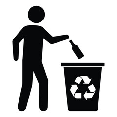 Recycling symbol person disposing glass bottle into trash can silhouette icon silhouette