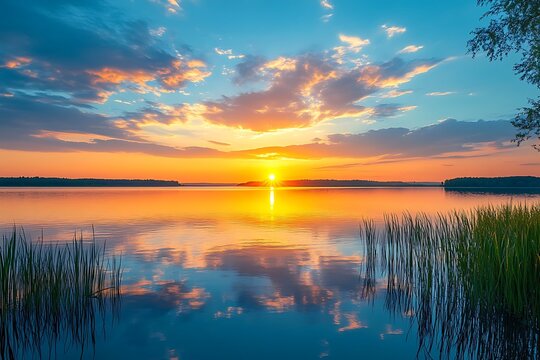 Breathtaking sunset over tranquil lake with vibrant orange sky and serene water reflections
