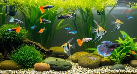 Aquarium with various fish species and aquatic plants, creating a vibrant underwater ecosystem.