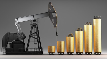 Oil rig beside stacked gold coins on wheels, symbolizing energy investment and financial growth. Ideal for finance, energy, and investment themes.