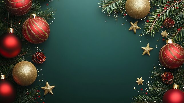 Elegant Christmas border with golden stars, red baubles, pinecones, and festive fir branches on deep green