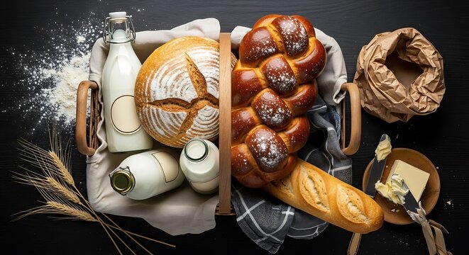 Artisanal bakery treats presented elegantly in a basket with fresh milk and butter on a dark surface evoking rustic