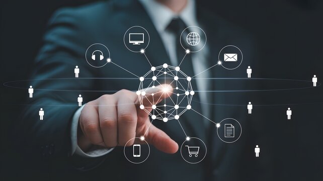 Dynamic professional connects digital world with global business and customer networks, showcasing modern connectivity and innovation.