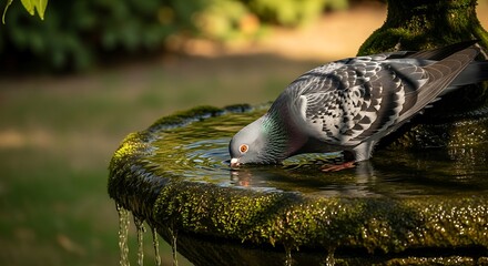 Pigeon Drinking Water from Stone Birdbath.