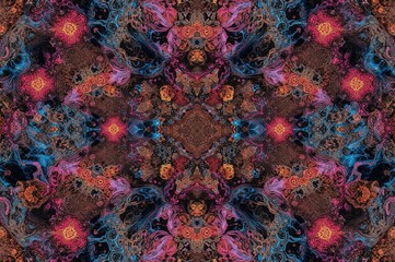 Vibrant geometric kaleidoscope pattern with a mesmerizing and unique photographic backdrop