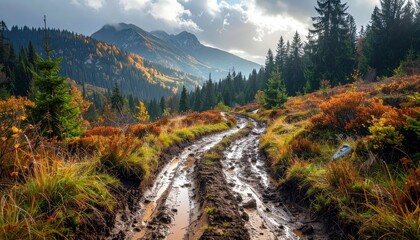 Obraz premium Scenic Muddy Path Through Autumn Forest with Mountain Background
