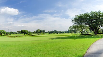 fairway. Vast green golf course under bright sunlight, capturing the tranquility of open landscapes. travel magazines, destination branding, designed for outdoor magazines and nature guides.