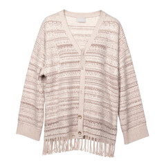 Beige and neutral-toned cardigan with a fringe hem, featuring horizontal patterns of light brown across the front and sleeves, has a v-neck and three buttons.