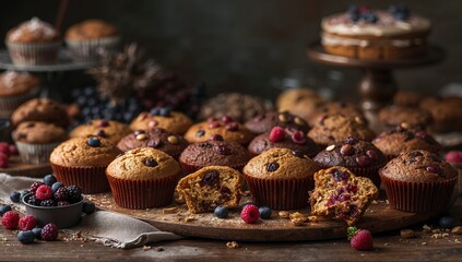 Assorted homemade muffins featuring berries, chocolate, and baking essentials with a food-themed background and space for text.