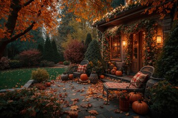 Obraz premium Backyard and terrace adorned for a peaceful garden retreat