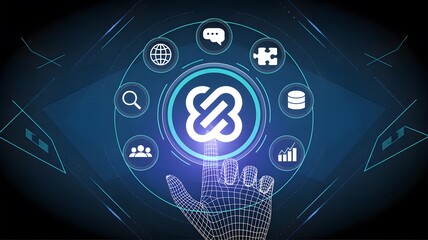 Digital hand interacts with glowing interconnected icons representing global network, data, teamwork, search, and growth in futuristic interface.