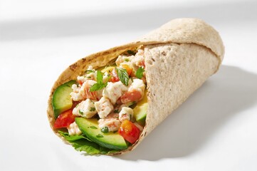 Fresh and nutritious wrap filled with crab, cucumber, avocado, pepper, and herbs salad