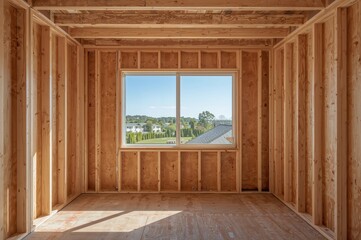 Fototapeta premium Building a Fresh Wooden House Wall Frame with Window Perspective