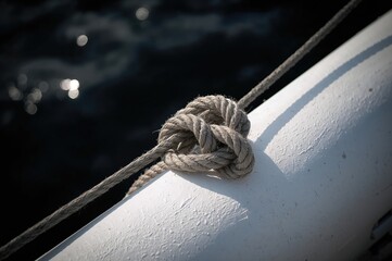 Detailed view of a tied rope on a vessel with clean white coating. Artistic and imaginative photograph.