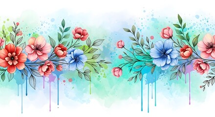 Horizontal watercolor banner with a border of colorful spring flowers and paint drips. Floral graphic element and design template. Pink and blue blossoms with line art details on an abstract