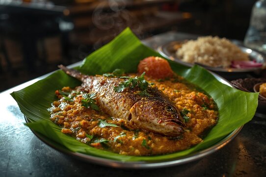Tasty fish wrapped in banana leaf with spices, a traditional Kerala recipe called Meen Pollichathu
