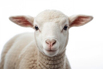Fototapeta premium Close-up of a young Merino lamb, partially sheared, aged four months, against a plain white backdrop