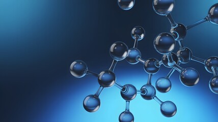 Stunning 3D molecular structure with translucent blue spheres and connecting rods against a gradient blue background, perfect for science and technology concepts.