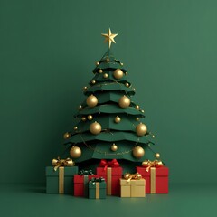 Christmas tree with gold ornaments and star topper on deep green background, wrapped red and green gift boxes with gold bows, elegant minimalist holiday composition for seasonal banners