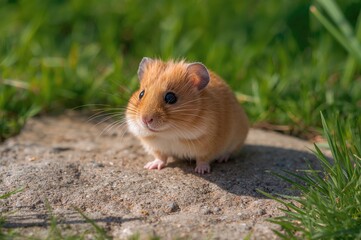 Fototapeta premium Adorable Syrian Hamster Sitting on a Rock