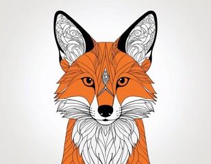 Obraz premium Detailed illustration of a fox with intricate patterns on its fur and ears, set against a light background.
