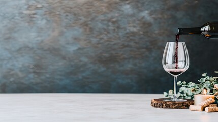 Pouring red wine into a glass with wooden corks and greenery on a light surface against a textured background