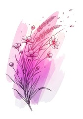 Black line art wildflowers and grass on an expressive vertical pink and purple watercolor splash background. Abstract nature illustration for design. Delicate bouquet outline on a vibrant artistic