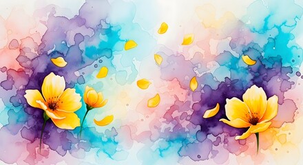 Bright abstract watercolor wash background with expressive yellow flowers and scattered petals. Vibrant artistic backdrop. Yellow blossoms on a colorful purple, blue, pink, and orange painted splash