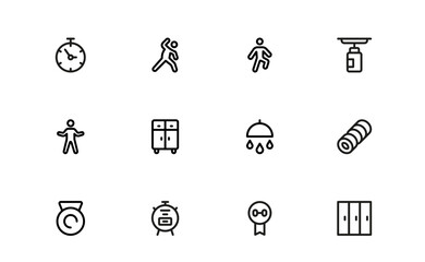 Fitness Icons in Modern Minimal Style. Includes yoga, cardio, gym equipment, and workouts perfect for apps, websites, and health-focused projects.