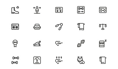 Creative Fitness Icons Collection. Flat and linear icons of training, running, stretching, and workout activities for fitness apps, gym branding, and web design.