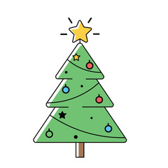 Flat style Christmas tree with decorations and star on top. Great for holiday cards, winter season designs, and festive projects