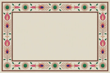 Elegant peacock feather border design with vibrant floral motifs and jewel-like accents, perfect for invitations, certificates, or decorative framing