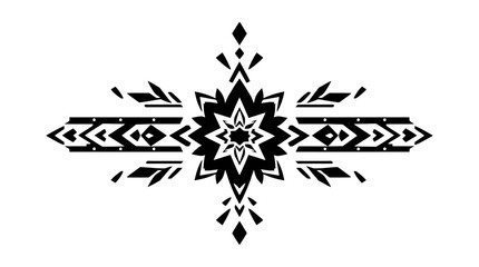 Black and white tribal design featuring geometric shapes radiating from a central star-like element.