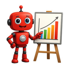 Naklejka premium Cute red robot character presenting upward trend bar chart on easel isolated on transparent background