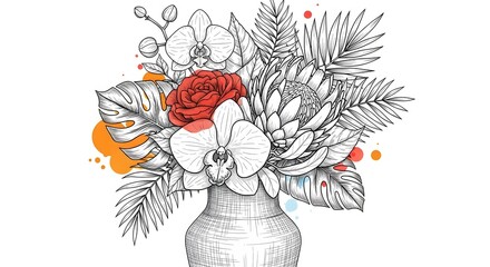 Detailed black and white line art tropical bouquet in a vase with a single red rose accent. Retro tropical floral arrangement. Hand-drawn orchids, proteas, and palm leaves with colorful paint splatter