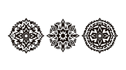 Three intricate black and white circular designs, reminiscent of snowflakes or mandalas, arranged side-by-side on a white background.
