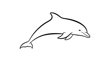 A simple black and white line drawing of a dolphin swimming gracefully.