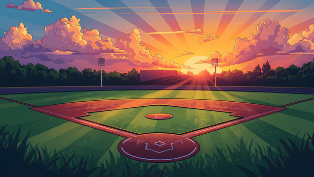 Stylized Baseball Field at Sunset with Dramatic Sky and Vibrant Colors
