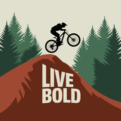 Mountain biker jumps dirt ramp amidst forest trees inspiring bold action and adventure lifestyle vector © Ultimate