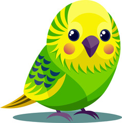 Cute green and yellow parakeet with big eyes looking forward on a white background