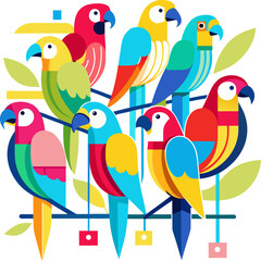 Colorful parrots perched on a branch in a vibrant and modern graphic illustration