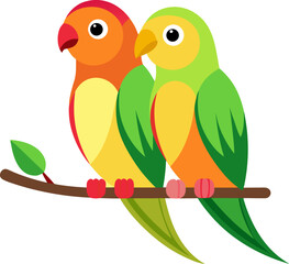 Two colorful lovebirds perched together on a branch in a simple vector illustration