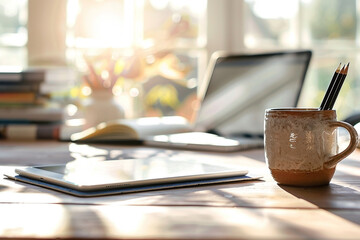 Work from home setup with laptop, tablet and pencils in natural sunlight provides creative